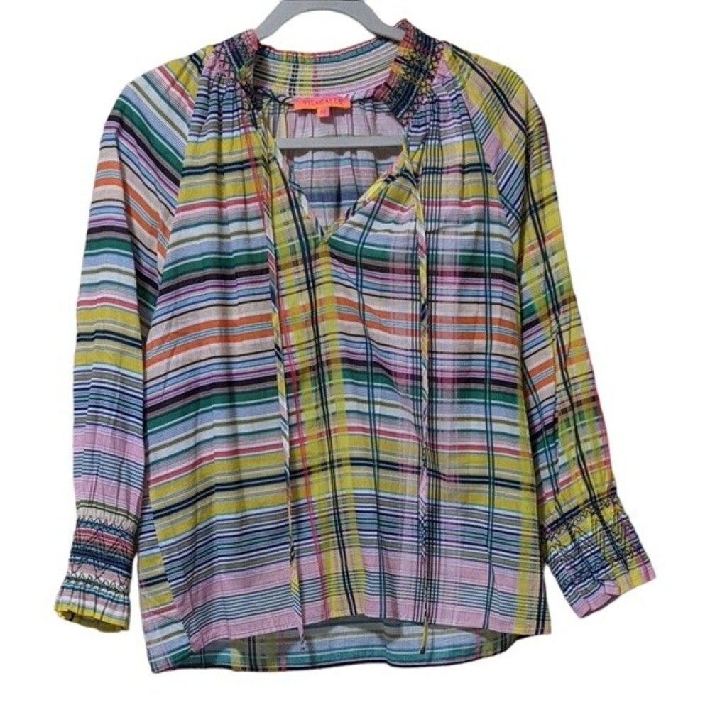 Vilagallo Salama Savile voile blouse cotton plaid tie detail smocked 42/XL